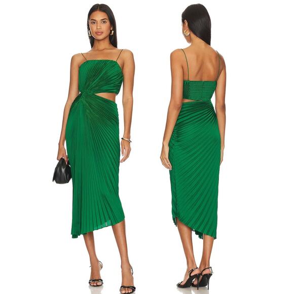 Alice + Olivia Fayeth Midi Dress Pleated Cut-Out Asymmetric Hem Emerald Size 2 - Picture 1 of 15